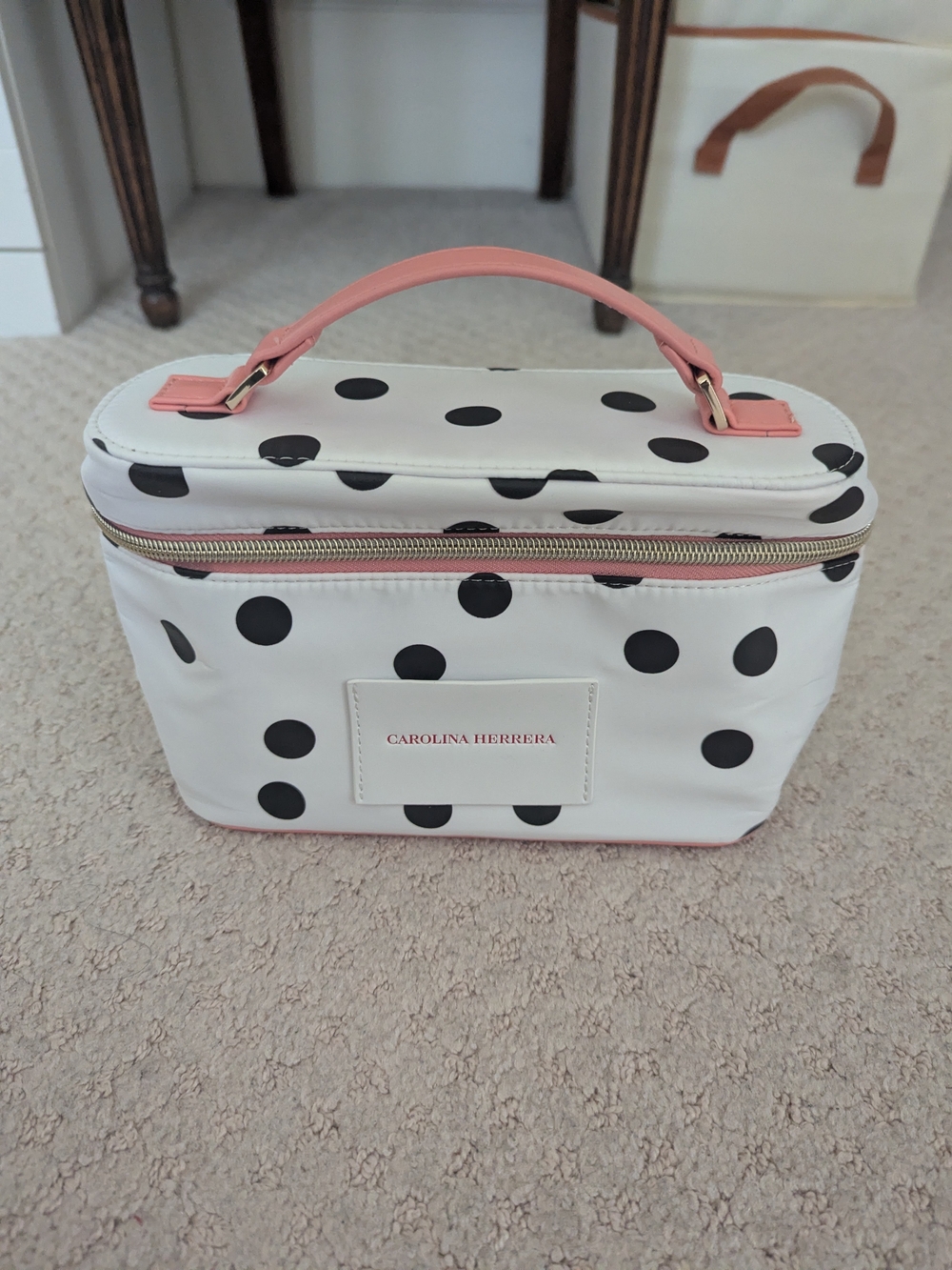 Carolina Herrera White Polka Dot Cosmetic Case with Pink Top Handle